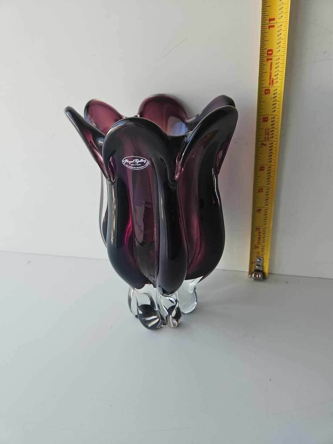 Vintage Art Glass Vase Royal Gallery Murano Purple Glass, Made In Poland, 9.25″