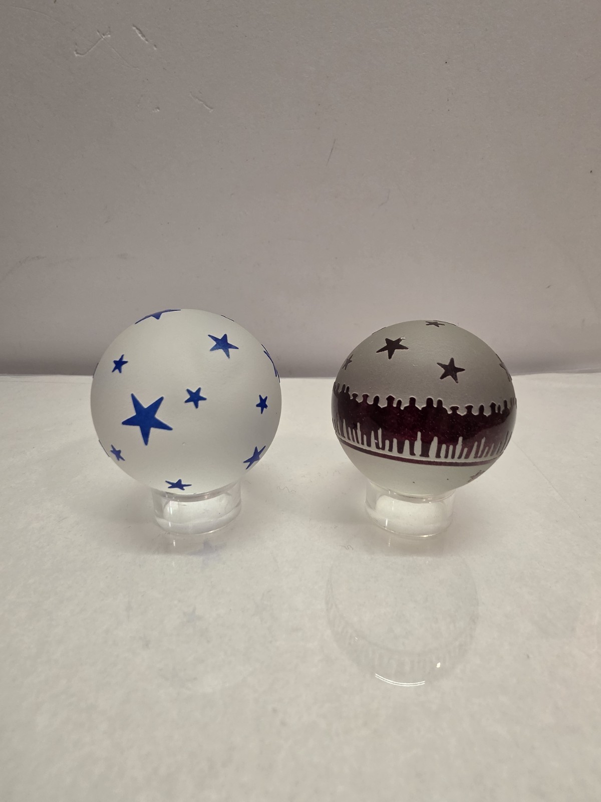 Pair Of Harry Bessett Frosted Cameo Marbles Paperweights Blue Stars and Unity