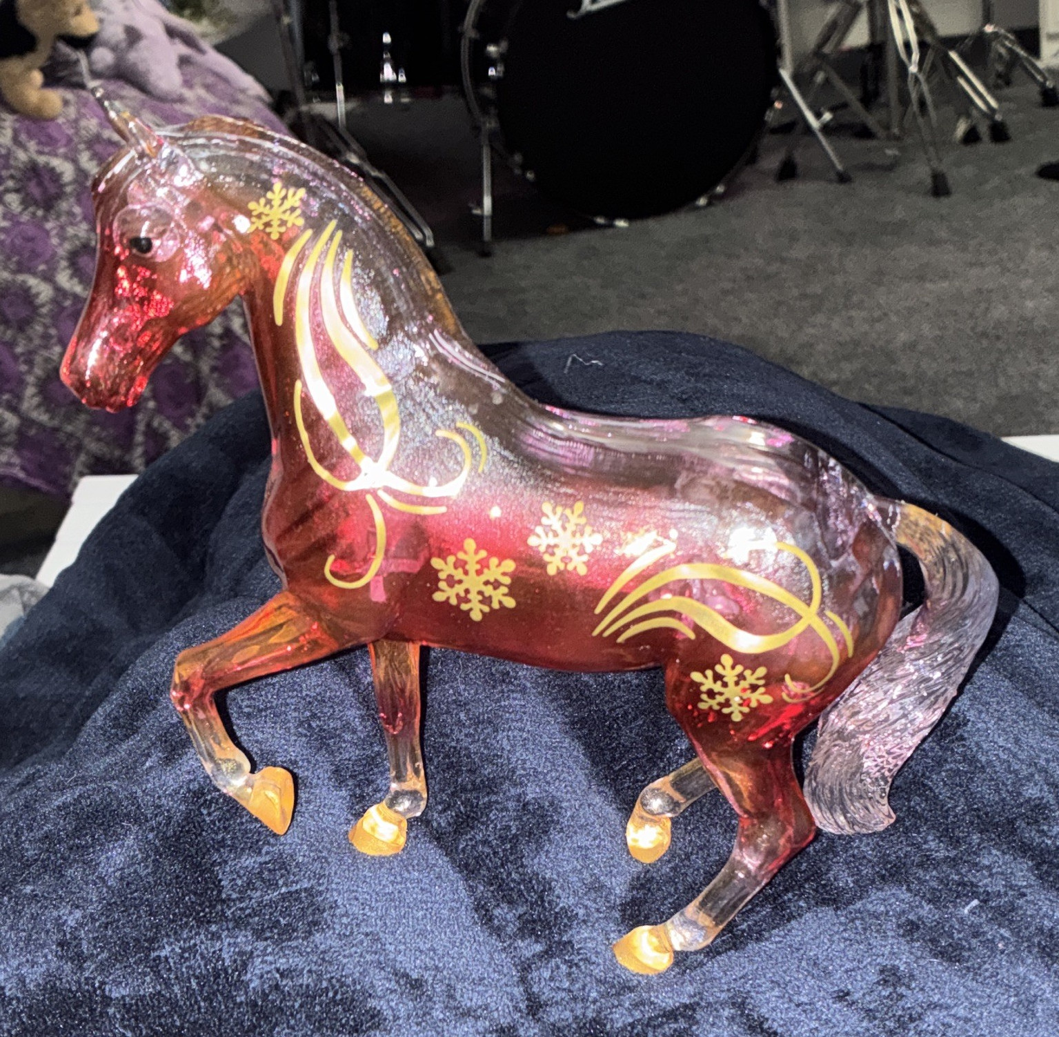 Red Translucent Glass Horse Figurine with Gold Snowflake & Swirl Accents