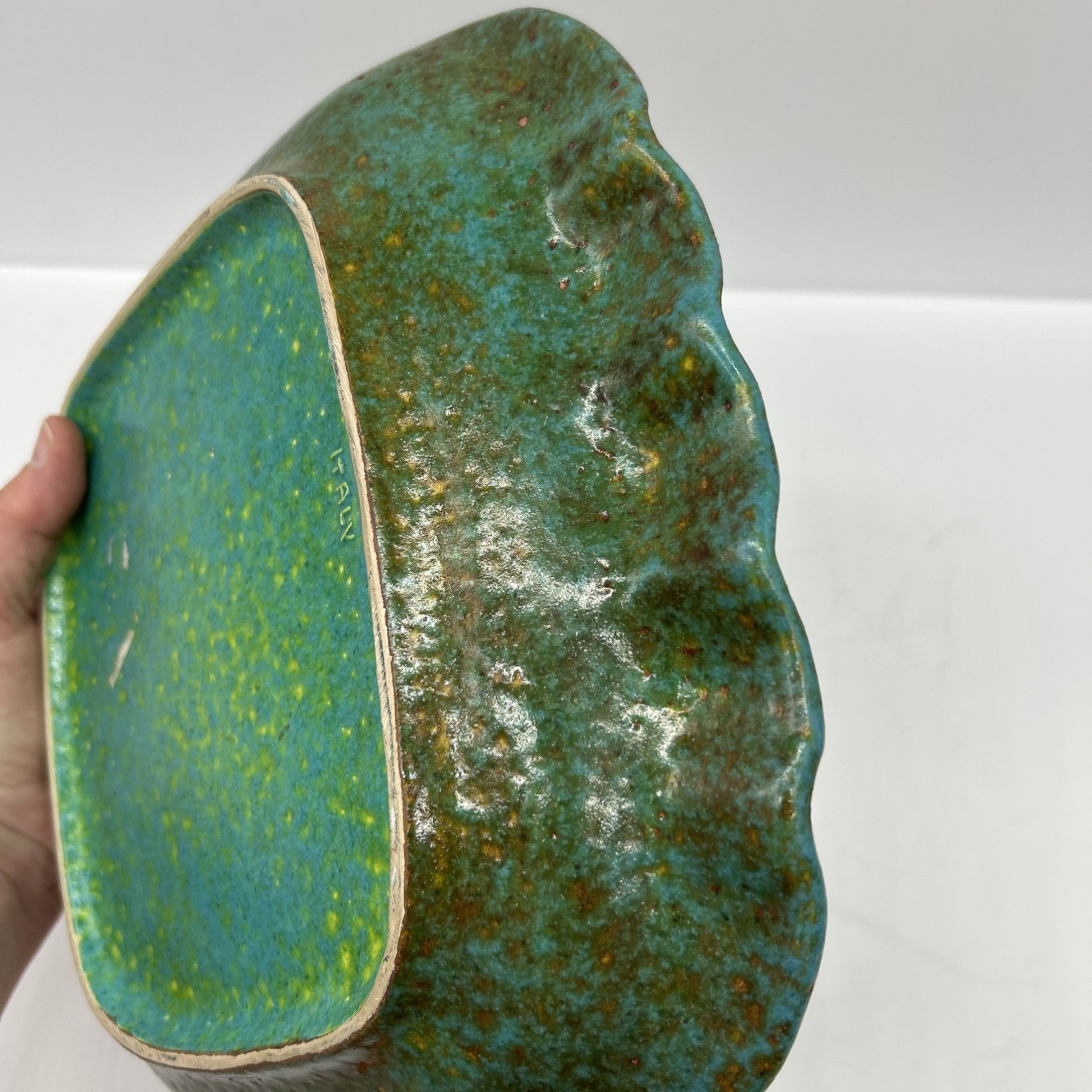 Large VTG Ceramic Italy Teal Blue Green Candy Dish Ash Tray Lava Glaze 9.75” MCM
