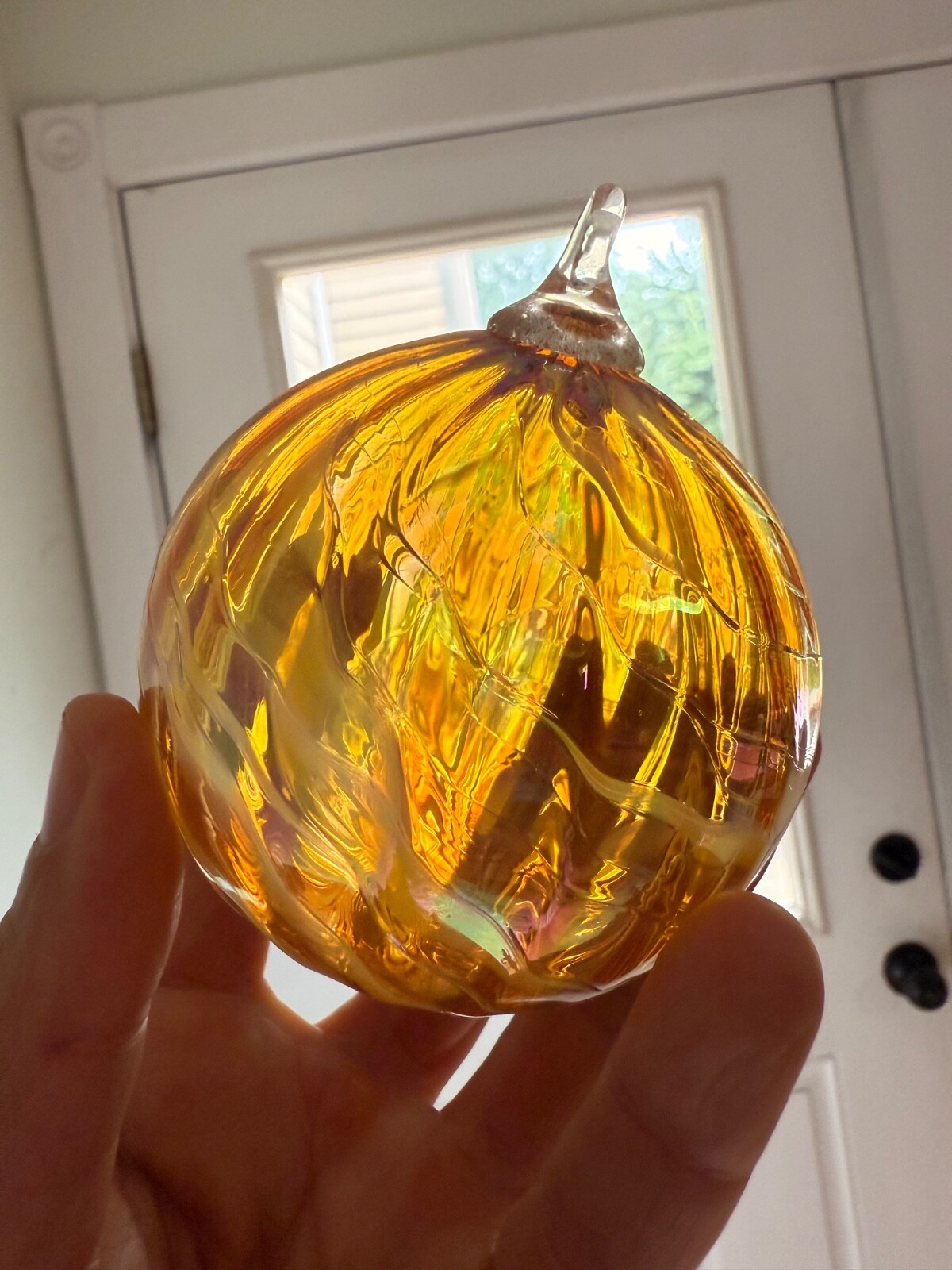 Hand Blown Art Glass Ball approx. 4” Suncatcher Pink Swirl ornament