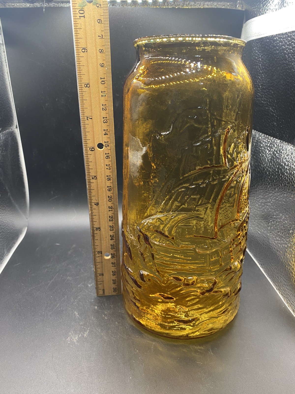 Tiara Indiana Glass Amber Clipper Ship & Seagulls 9.25″ Tall Vase Nautical VTG