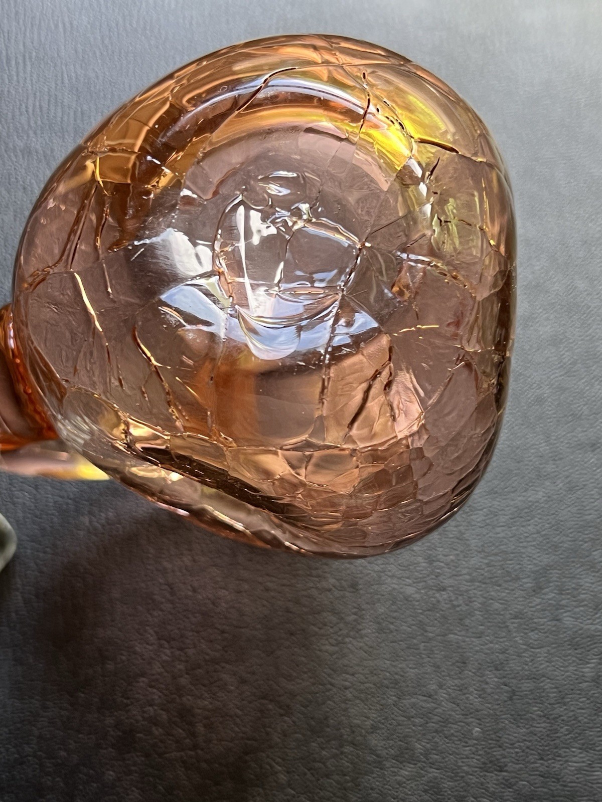 Vintage Amber Crackle Glass Pinched Cruet Hand Blown Clear Round Top 5″ h x 3″ w