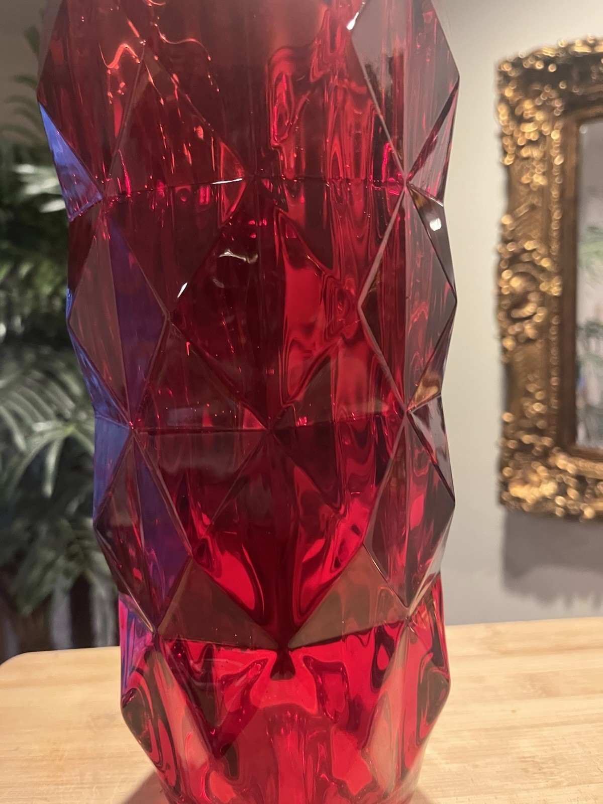 Ruby Red Ribbed Diamond Pattern Crystal Glass Vase Heavy Elegant Quality .