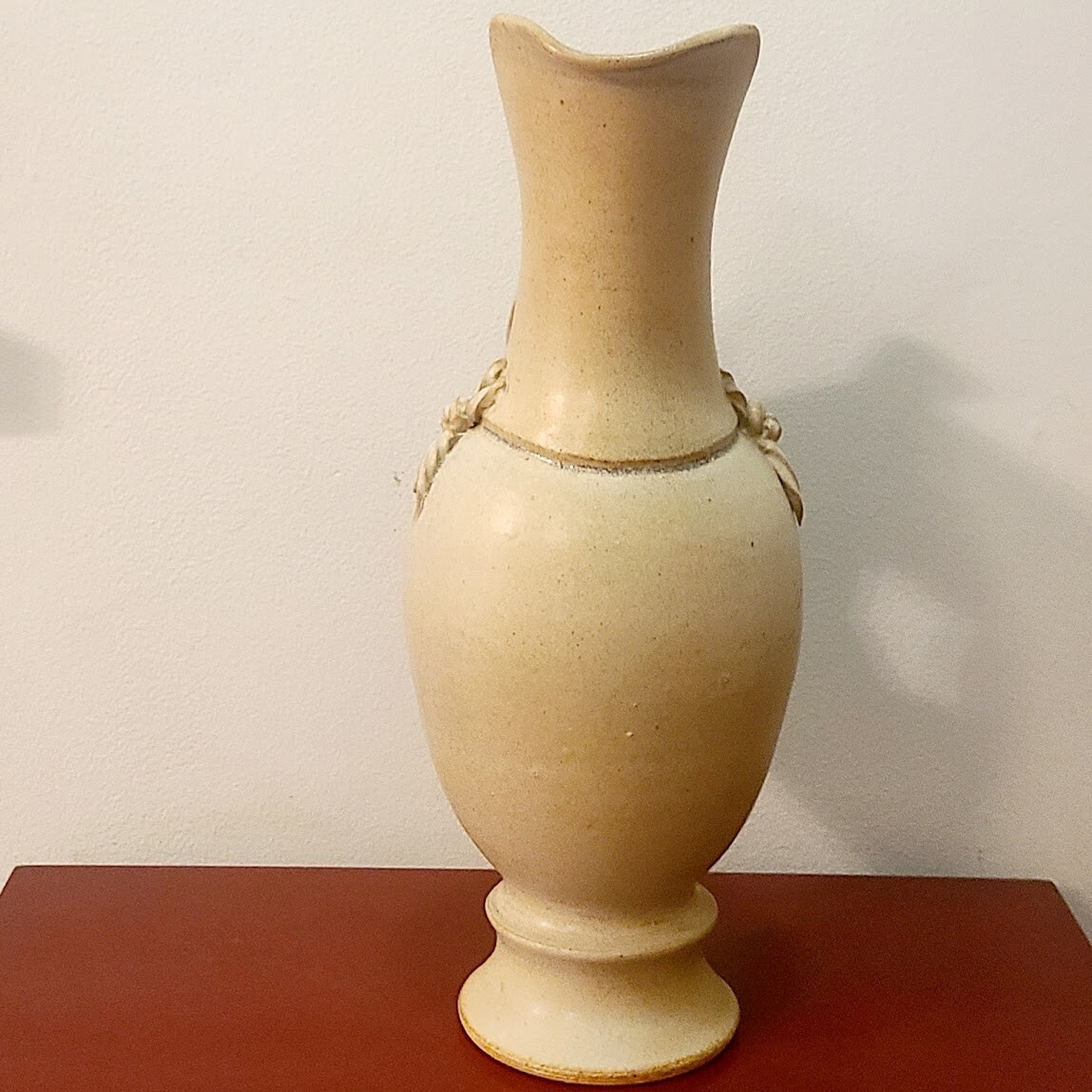 Large Footed Pottery Ewer / Pitcher / Vase – Curled Handle / Mock Leather Ties