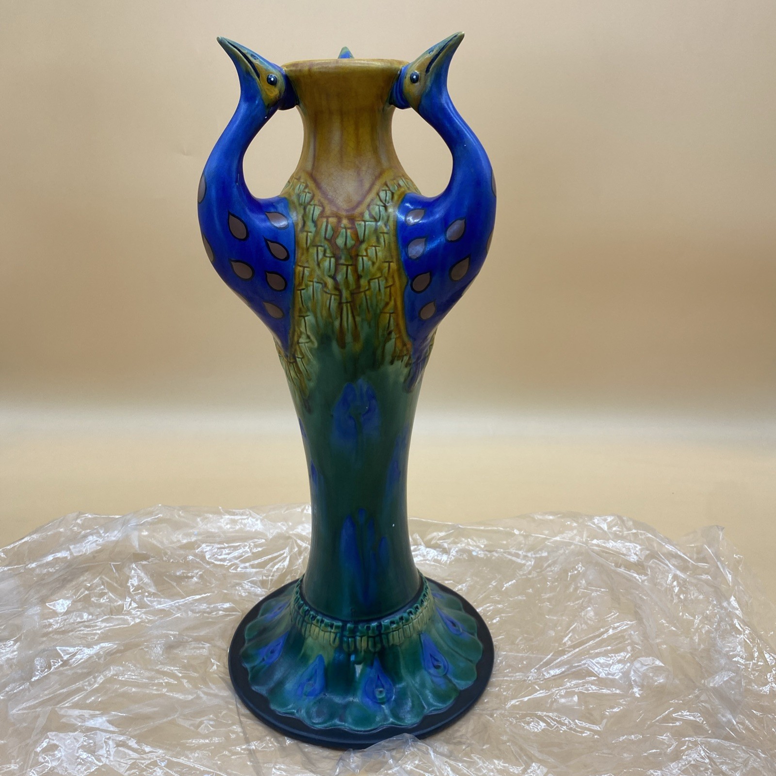 Vintage Art Nouveau Ceramic Pottery Peacock Bird Vase 16” Treasures READ!