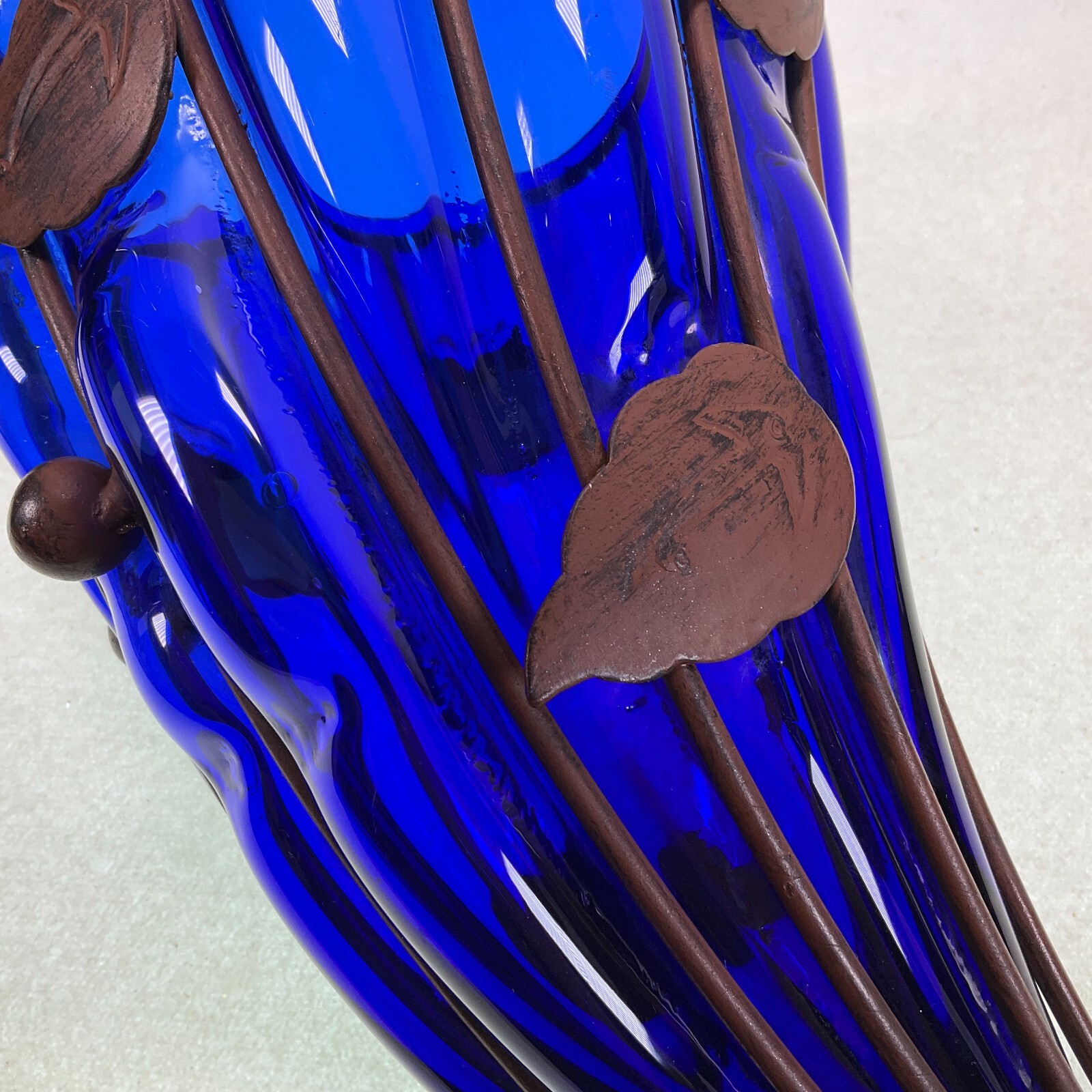 Cobalt Cornucopia Hand Blown Glass Metal Cage Leaves Vase 1960s 10 1/2″