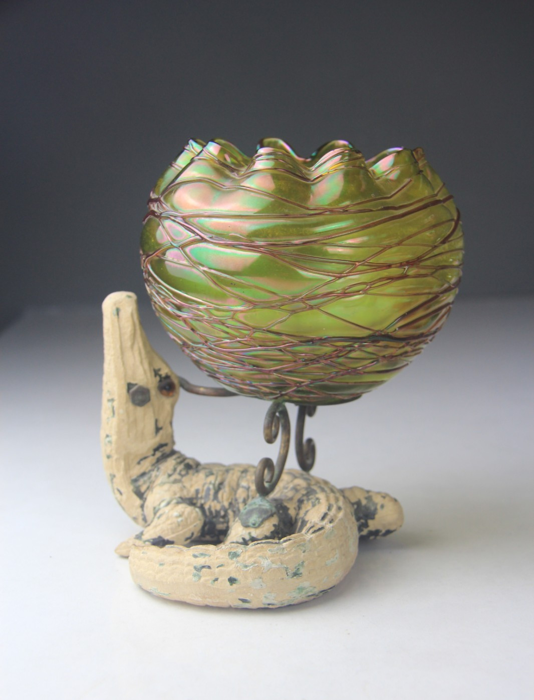 Kralik Veined Green Iridescent Vase Mounted on Unique Alligator Base Rare!!!