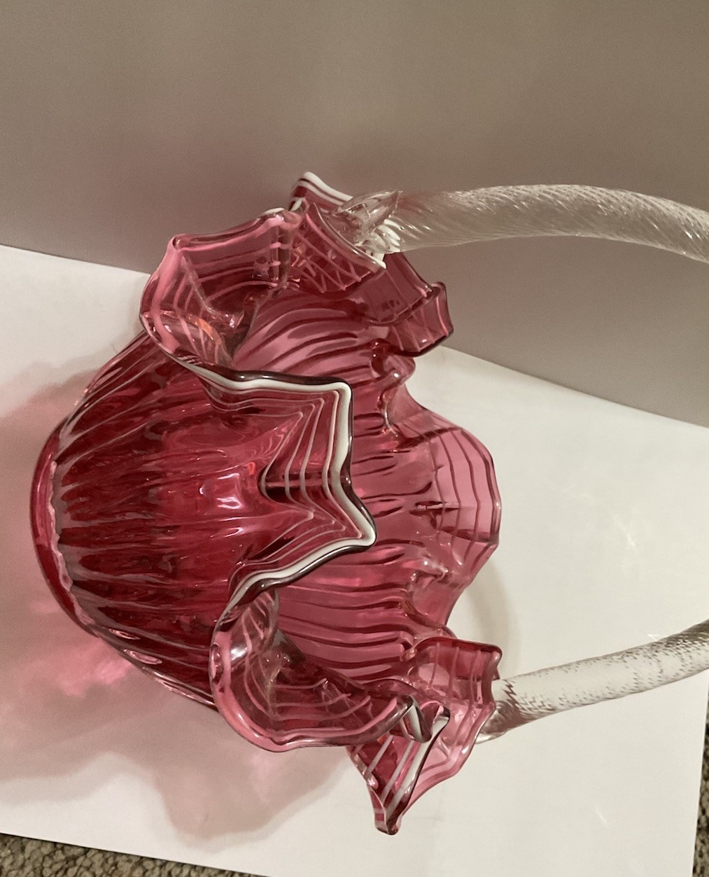 Fenton Cranberry Glass Overlay Ruffled Basket with Handle 1950 Ribbed Art Glass