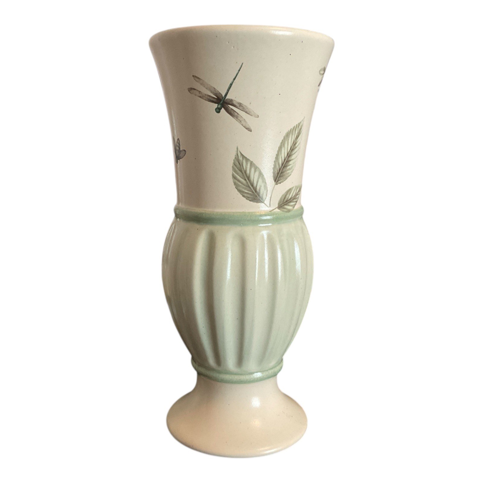 Royal Haeger 2002 Botanical Nature Leaves Dragonfly Vase Green Ceramic Cream