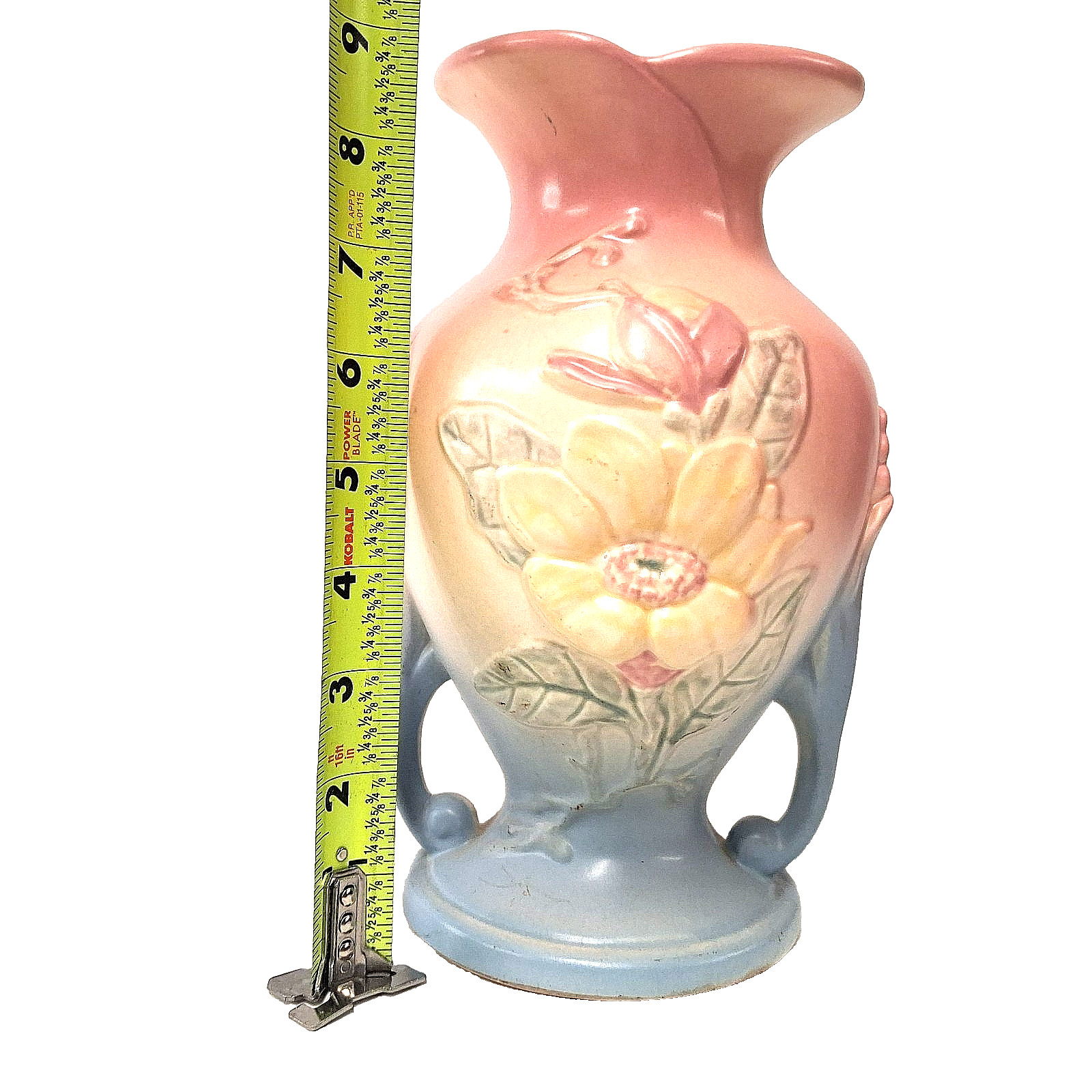 Hull Magnolia Vase Pink Blue Matte Floral Art Pottery USA Vintage Double Handle