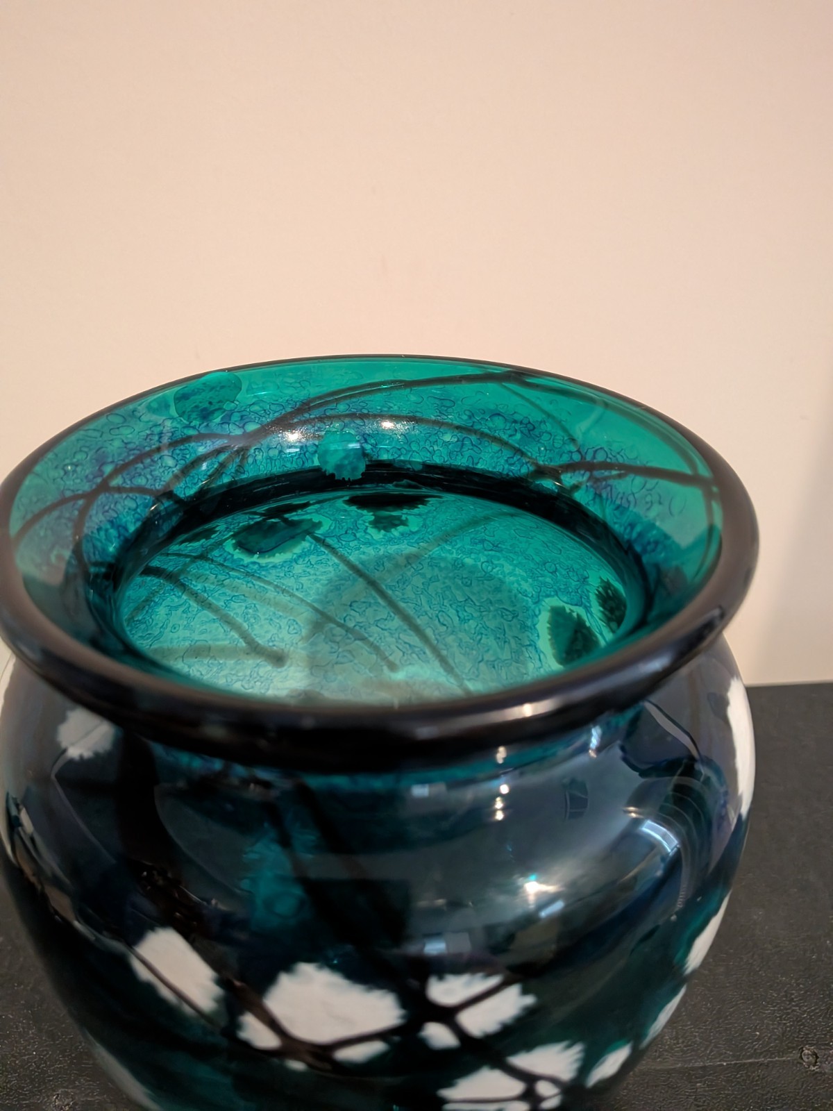 Hand Blown Studio Art Glass Vase Teal Blue Black Signed 7.5” Abstract