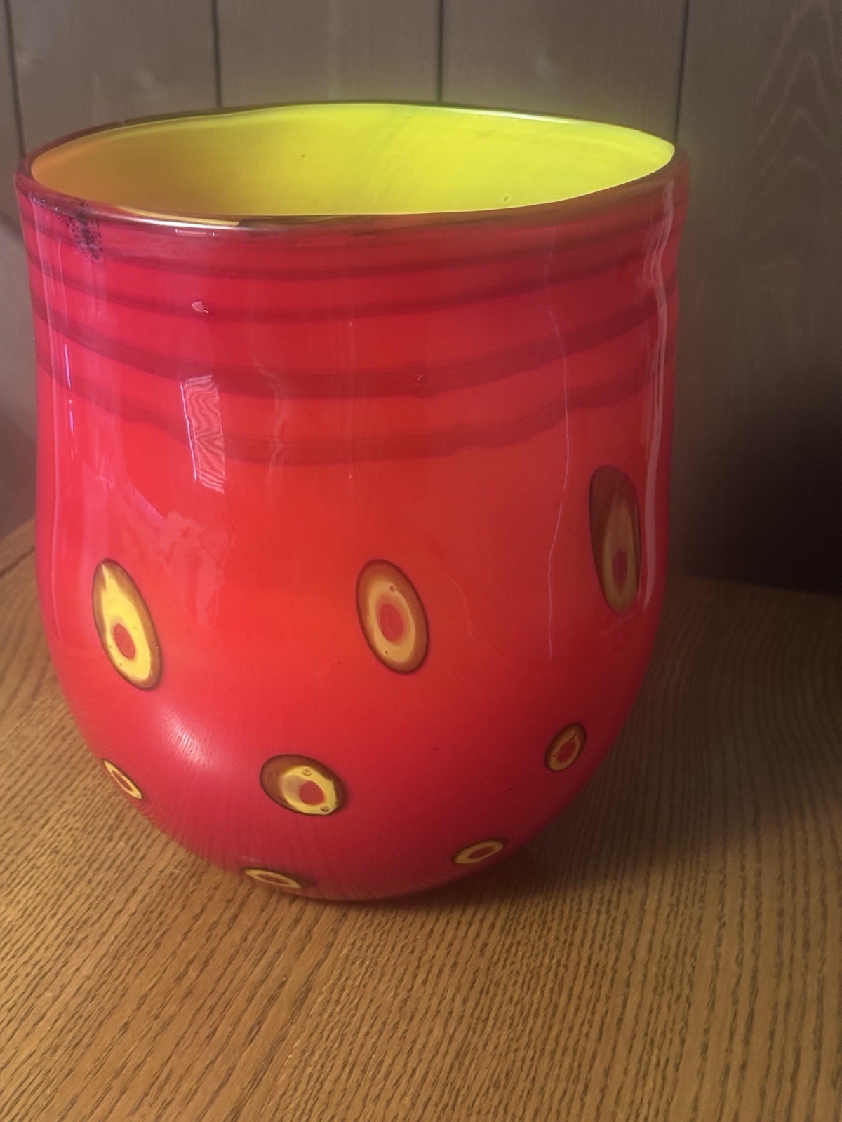 Red Murano Vase With Black And Yellow Spot Design And Yellow Interior
