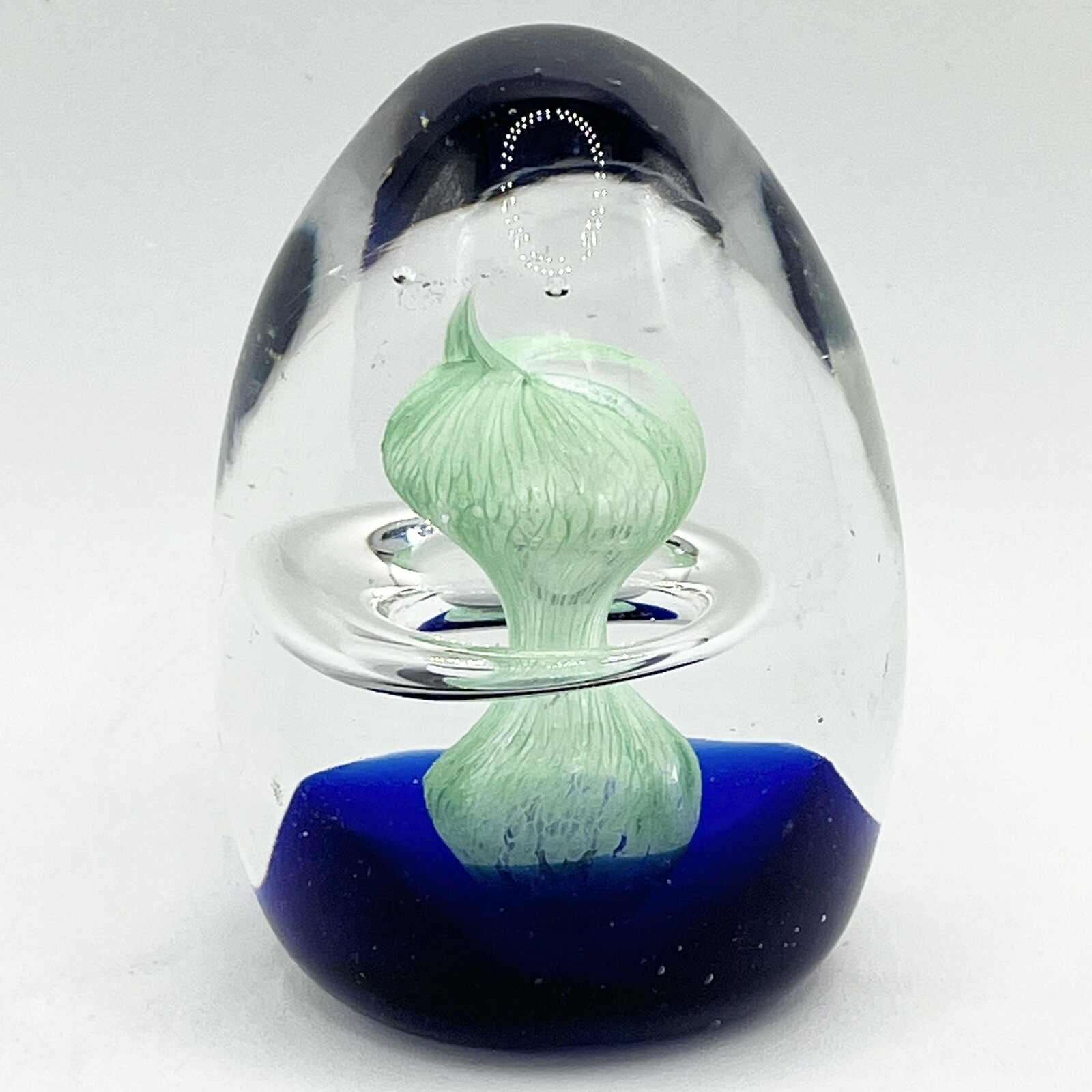 Vintage Art Glass Paperweight Egg Shape Green Alien Cobalt Blue 2.75”(H) 2”(Dia)