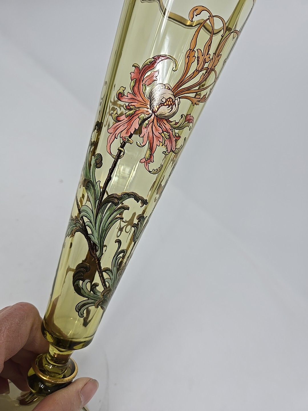 Theresienthal Moser Style Chartreuse Optic Molded Enamaled Floral Vase 11″