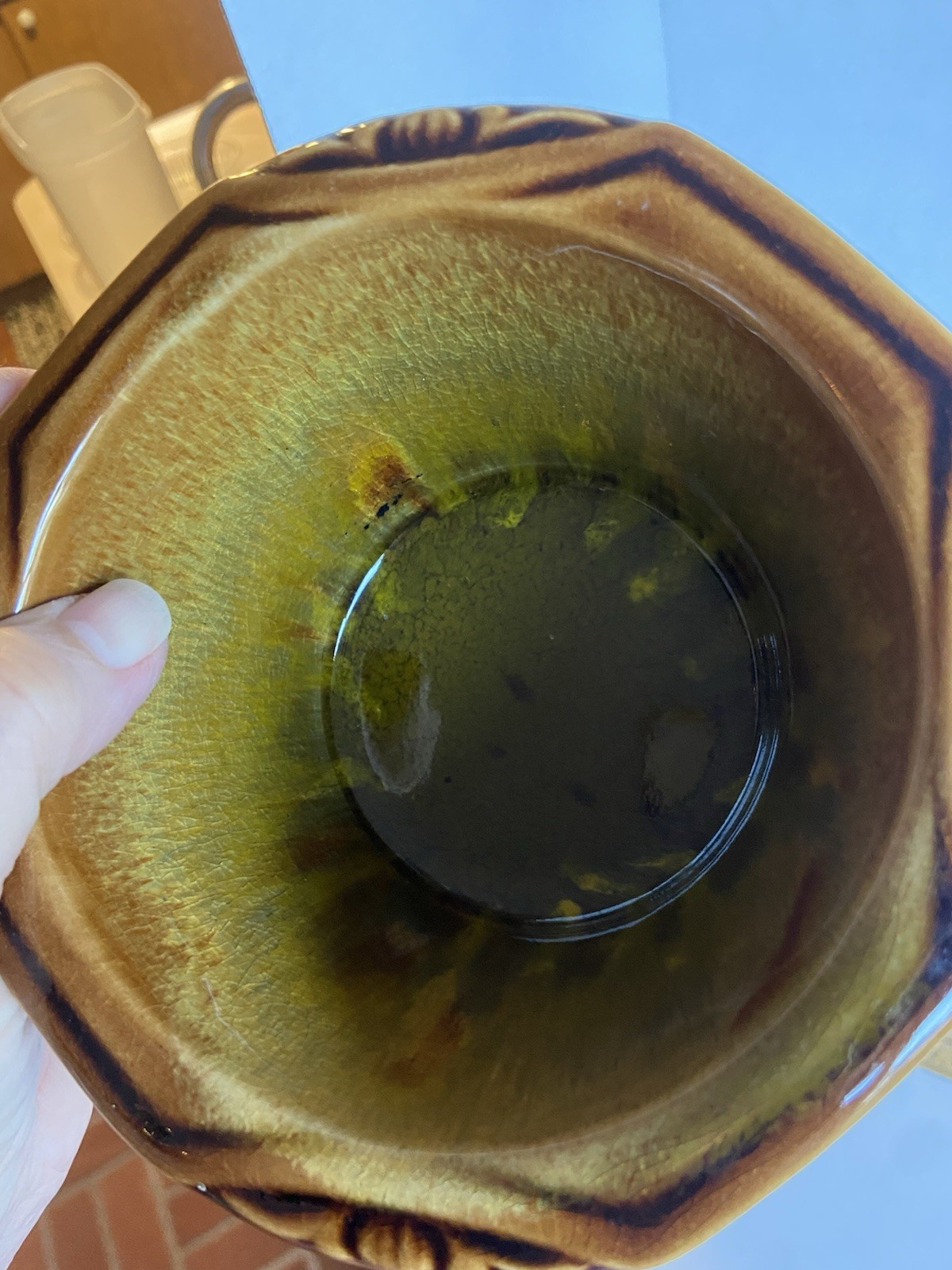 Cal Original USA 1709 1710 Pottery Planter Bowl Brown Green Drip Glaze Abstract