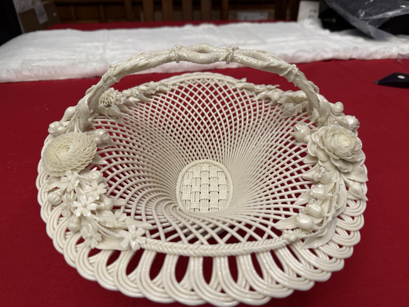 Antique Belleek Henshall 4 Strand Twig Handled Basket w/ Flowers Large Size 13”