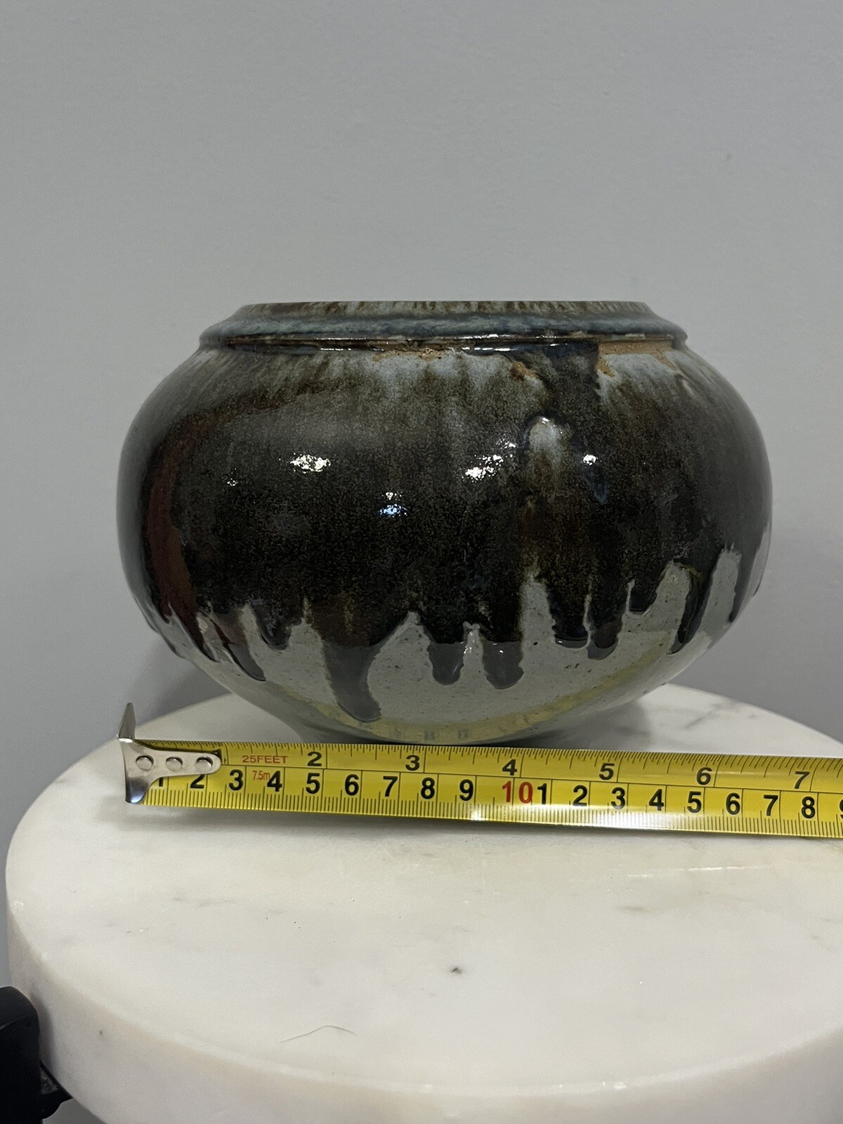 Neutral Drip Glaze Art Pottery Round Hand Thrown Vase or Planter Stamped 5.5”