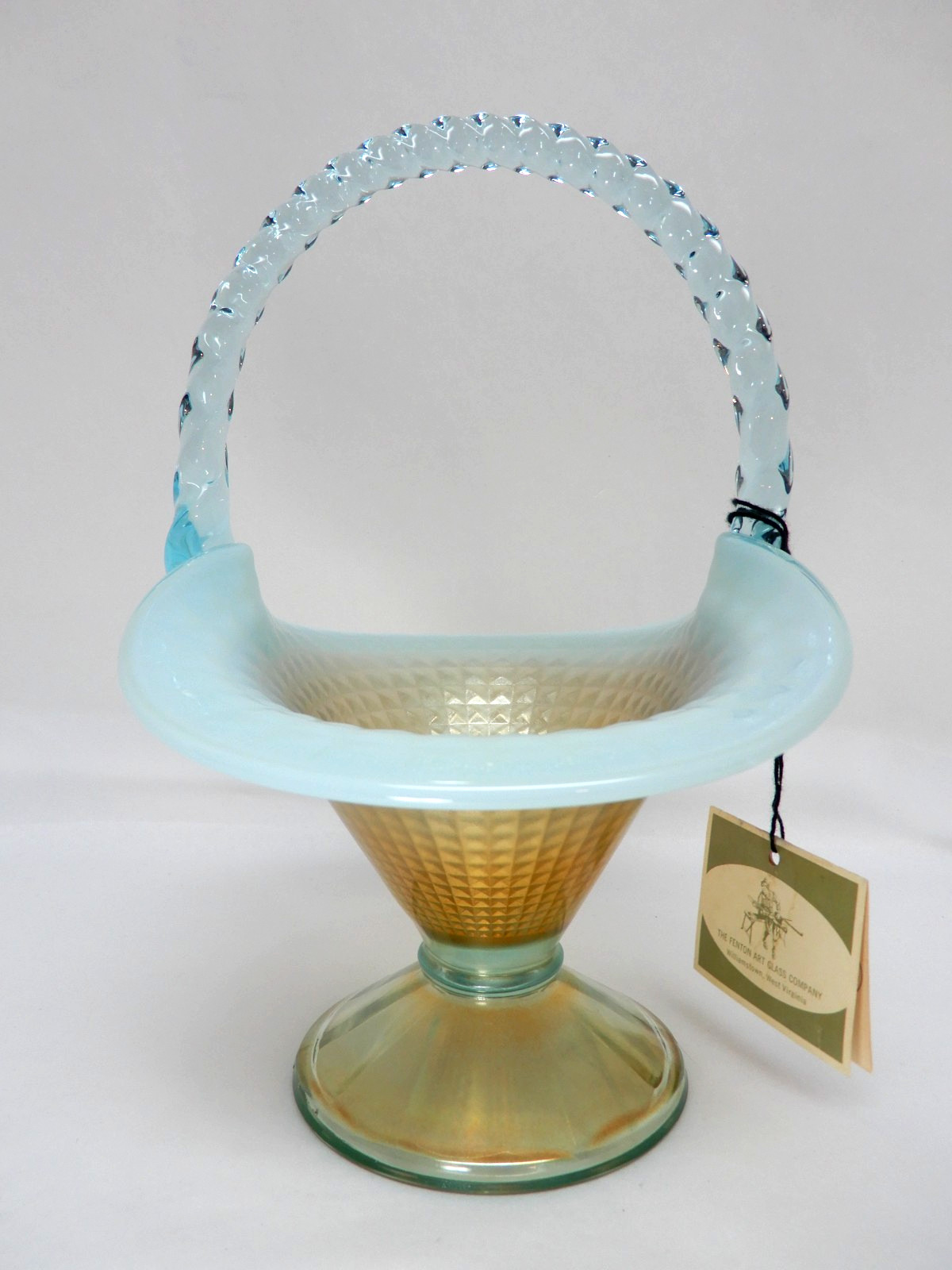 Fenton Opalescent Pedestal Basket Twist Handle Pale Aqua Blue/Gold 9 in Tall NOS
