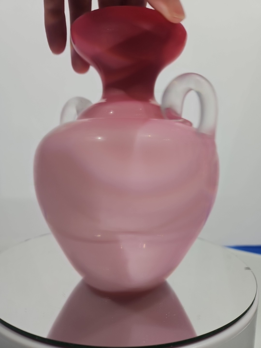 Art Glass Vase w/ handles Cased Pink white Peach Blow butterfly enamel victorian