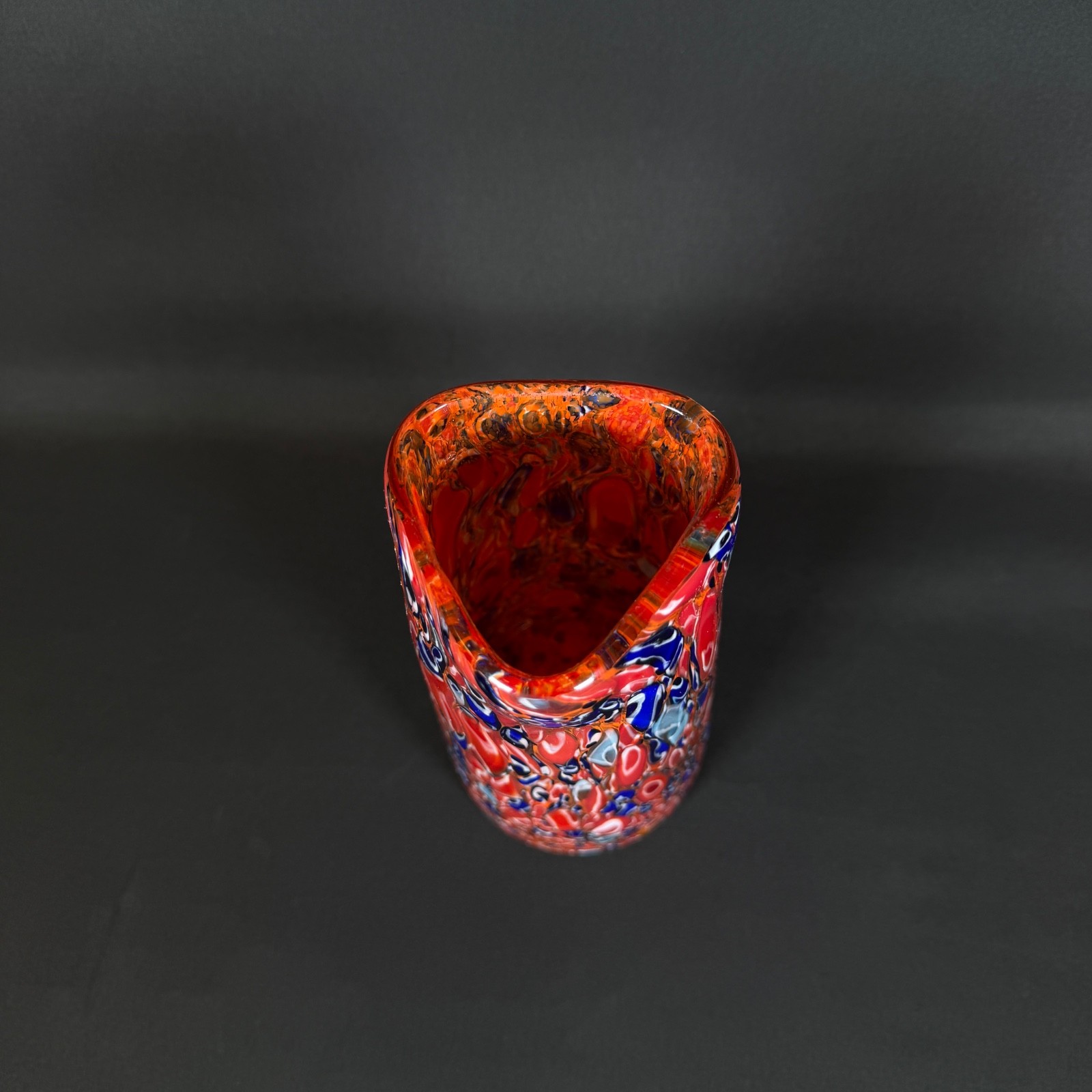 Murano Millefiori Art Glass Vase Red Orange Blue Multicolor 8″ Tall