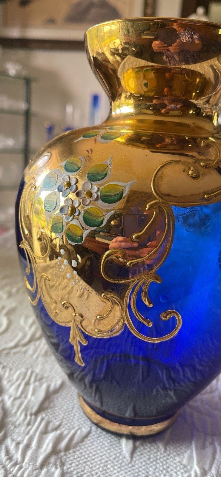 Vintage Bohemian Czech Cobalt Blue Gold Gilt Art Glass Vase Hand Painted