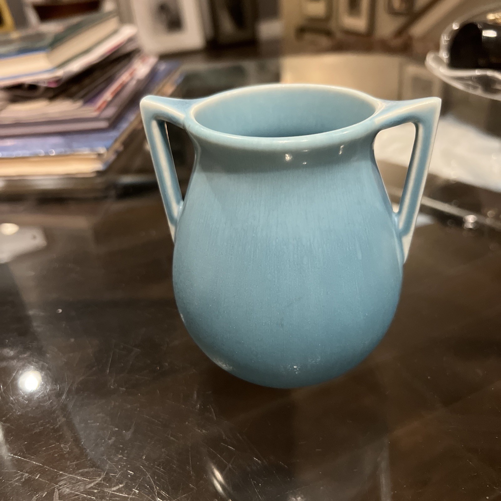 ROOKWOOD POTTERY, ROBINS EGG BLUE BUTTRESSED HANDLED VASE, ARTS & CRAFTS, NICE~~