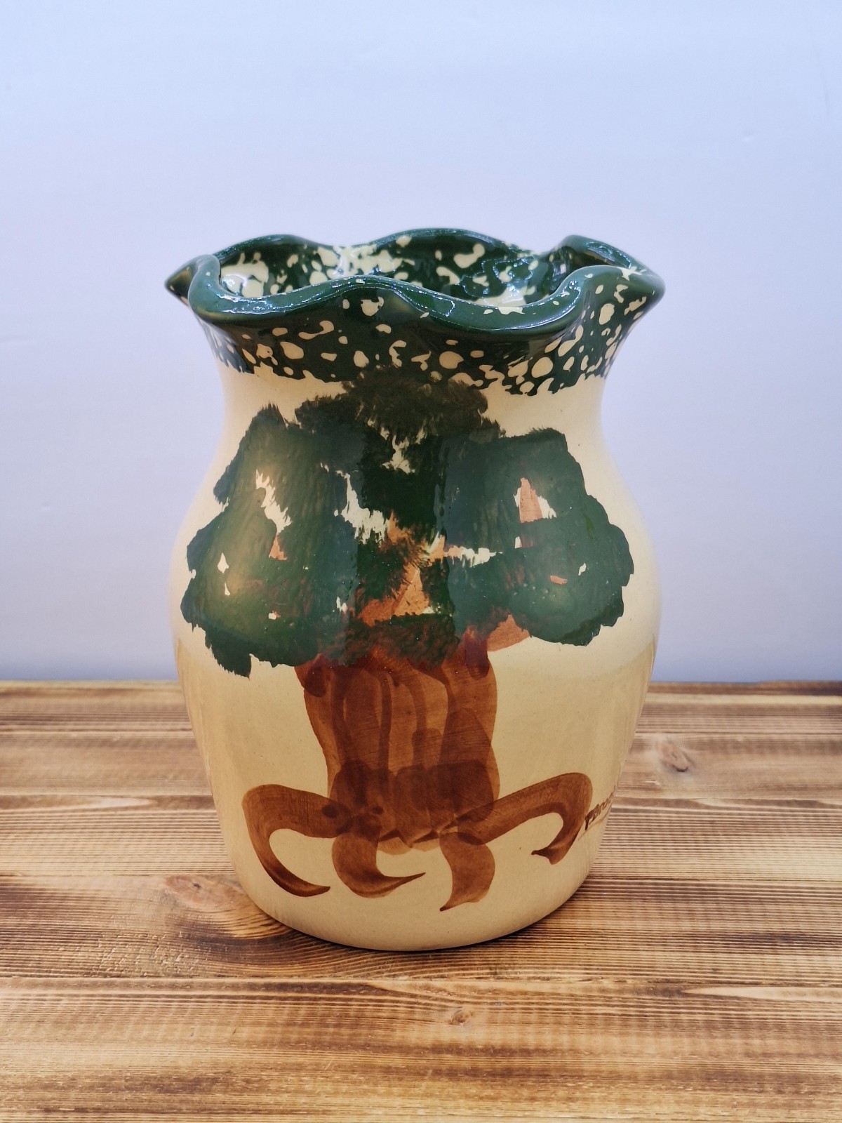 Crooksville Ohio Apple Tree Pottery Crock Vase Ruffled Edge Hand Painted 08 7×5″