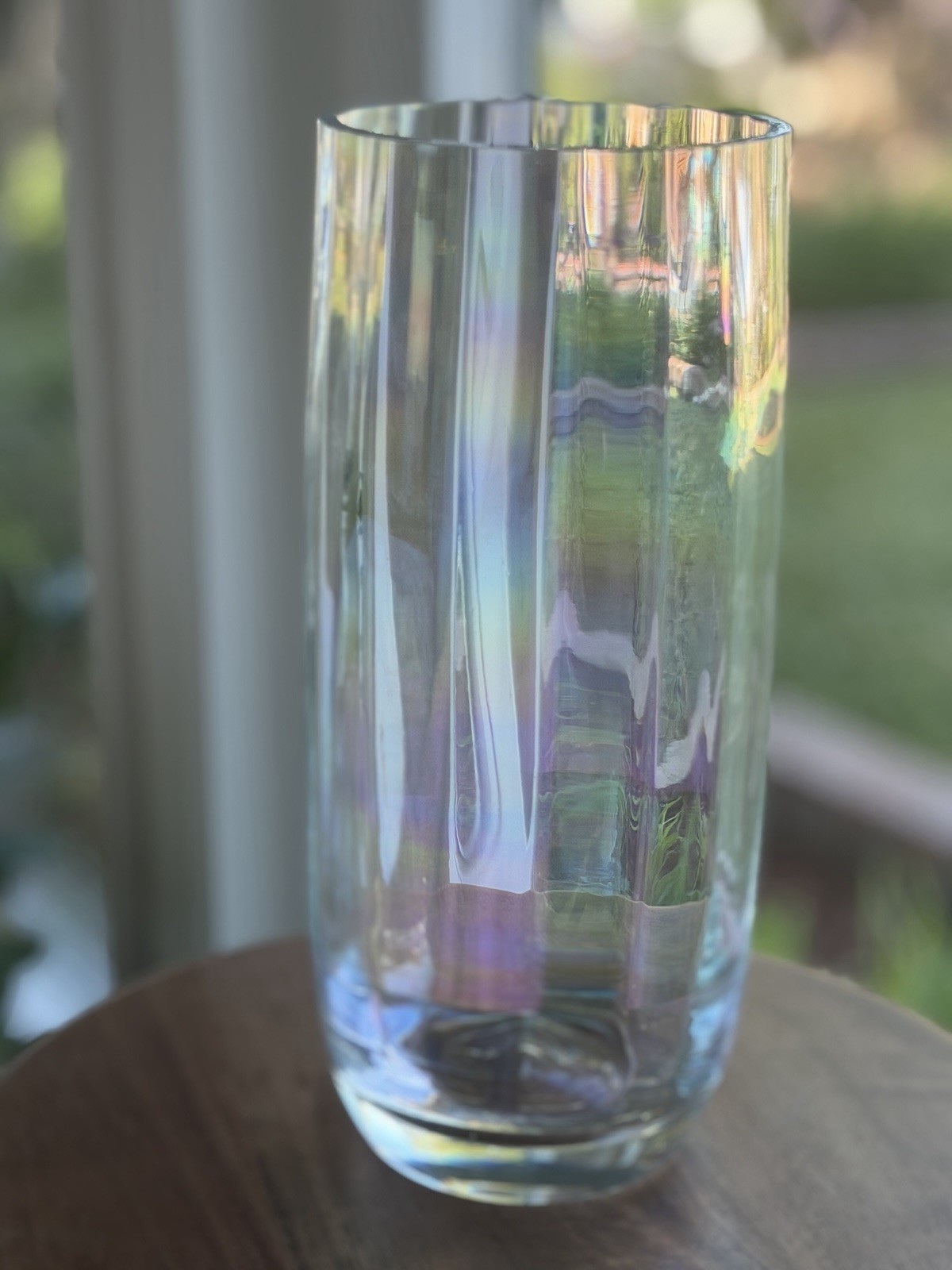 Heavy Iridescent Art Glass Vase Rainbow Luster Optic Ribbed 10.5” Modern MCM