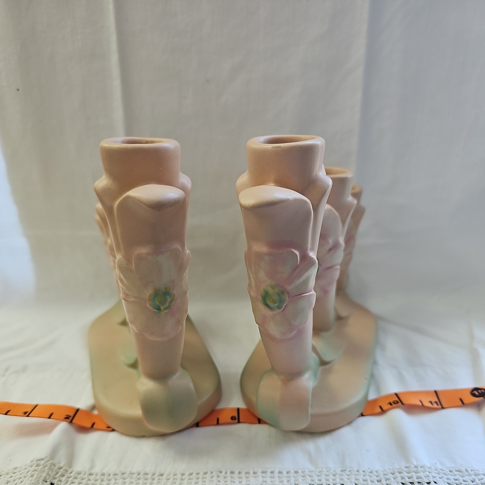 1930s Weller Pottery Wild Rose Triple Branch Candle Holder/Candelabra Pink
