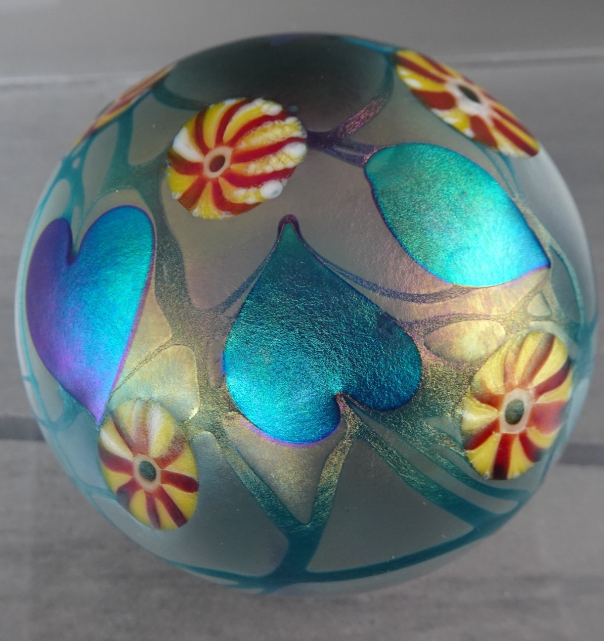 Signed David Lotton 1977 Blue Aurene Heart & Vine Iridescent Paperweight