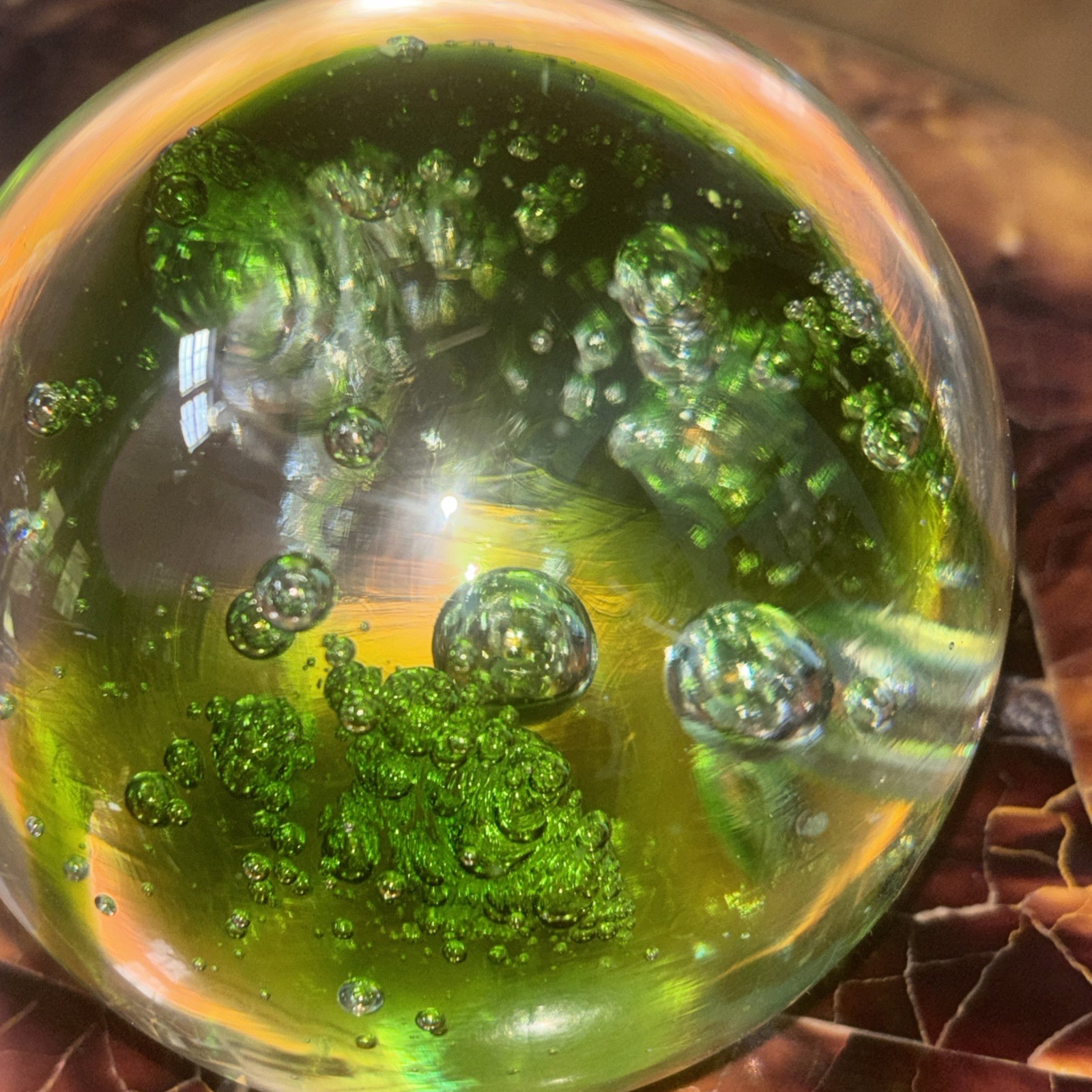 Vintage Cosmic Waters / Ocean Motif. Green Sphere Art Glass Paperweight