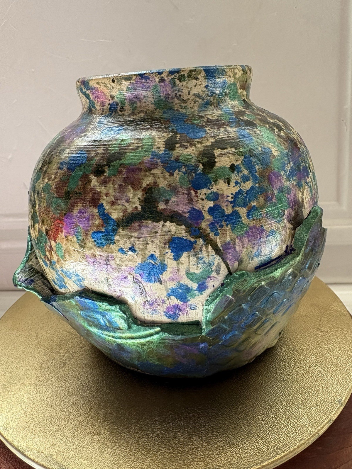 Raku Fired Vase W iridescent Blue Green & Purple Metallic Glazes 5 In T 6 In D