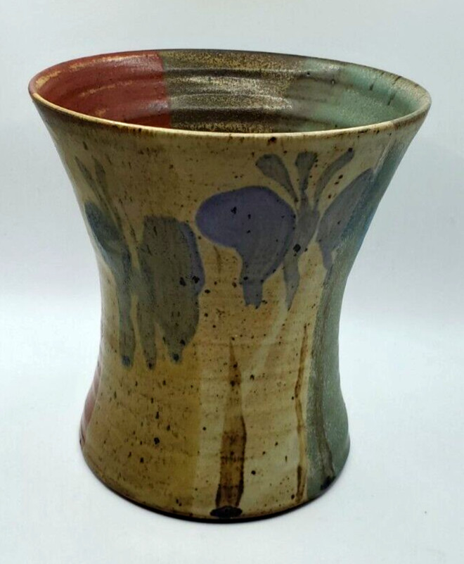 Vintage Creitz Handmade Pottery Vase Stoneware Wide Mouth Signed Blue Green Red