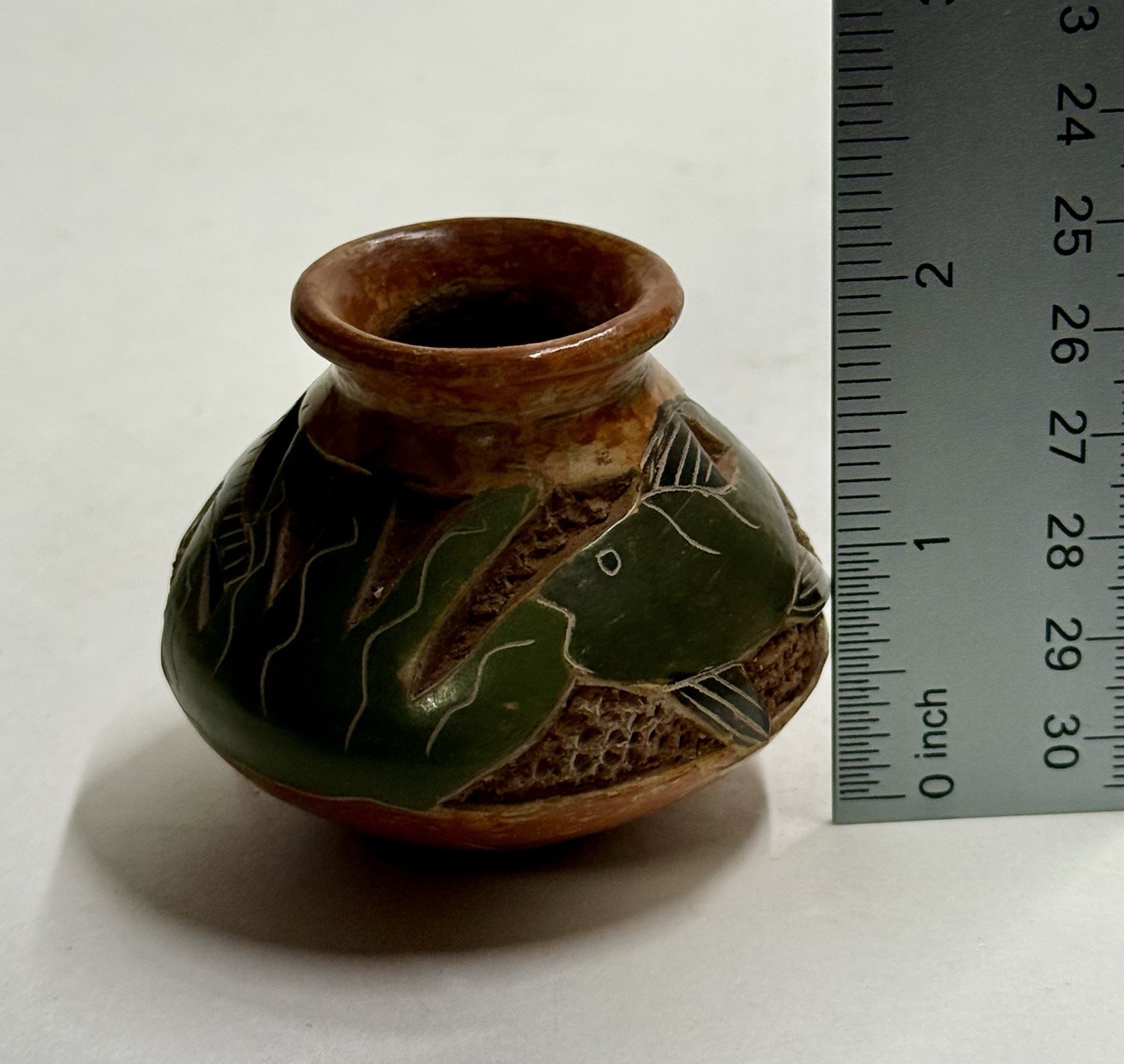 Nicaraguan Style Folk Art Redware Mini 2” Pottery Vase Fish Motif Hand Crafted