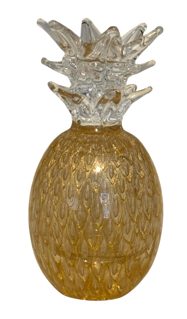 Marcolin Sweden Crystal Pineapple Paperweight Clear with Gold Flecks 7″ Signed