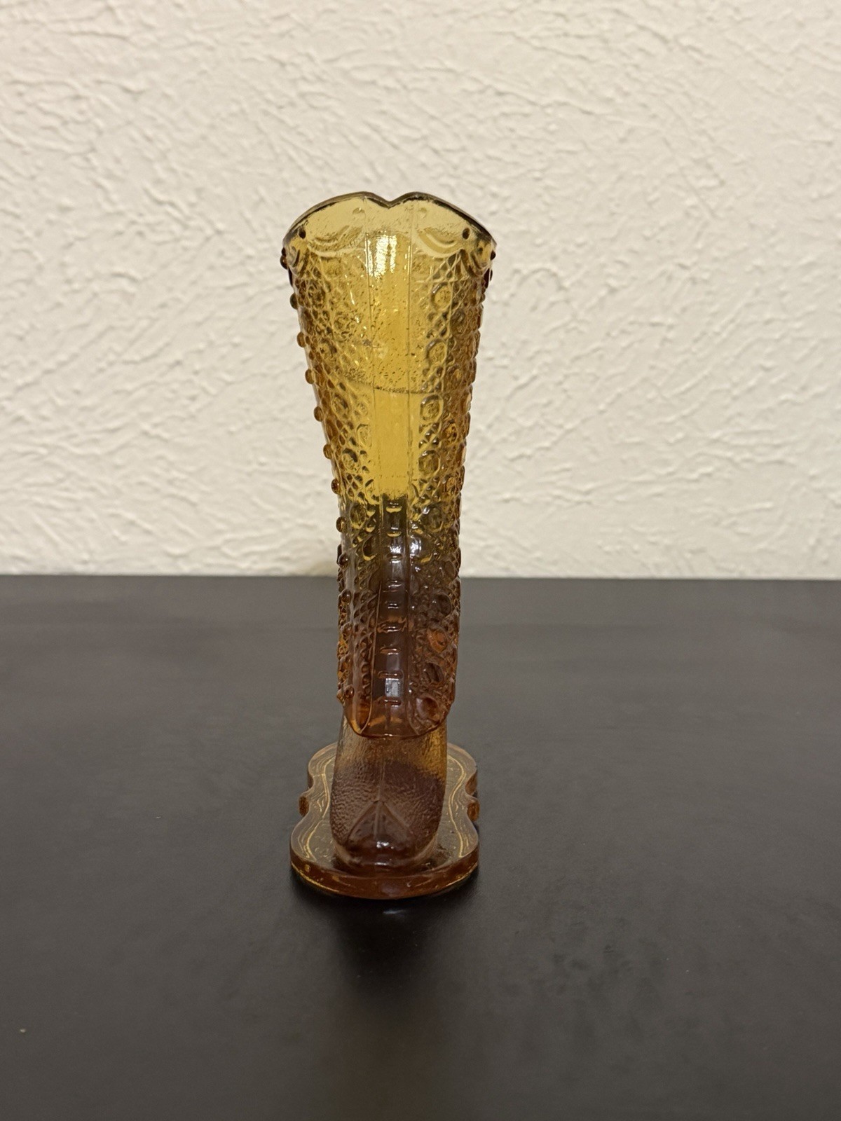 Vintage Fenton Amber Glass Boot Bouquet Flower Holder Daisy Button Design