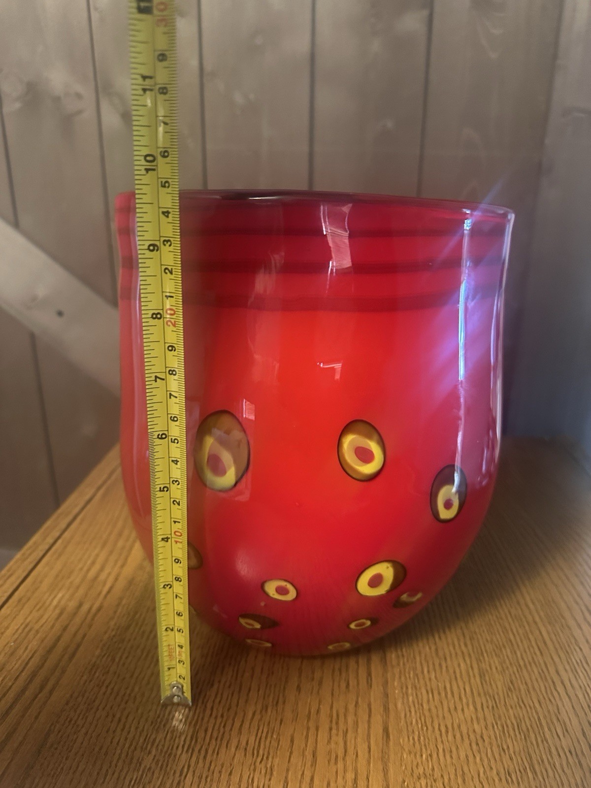 Red Murano Vase With Black And Yellow Spot Design And Yellow Interior