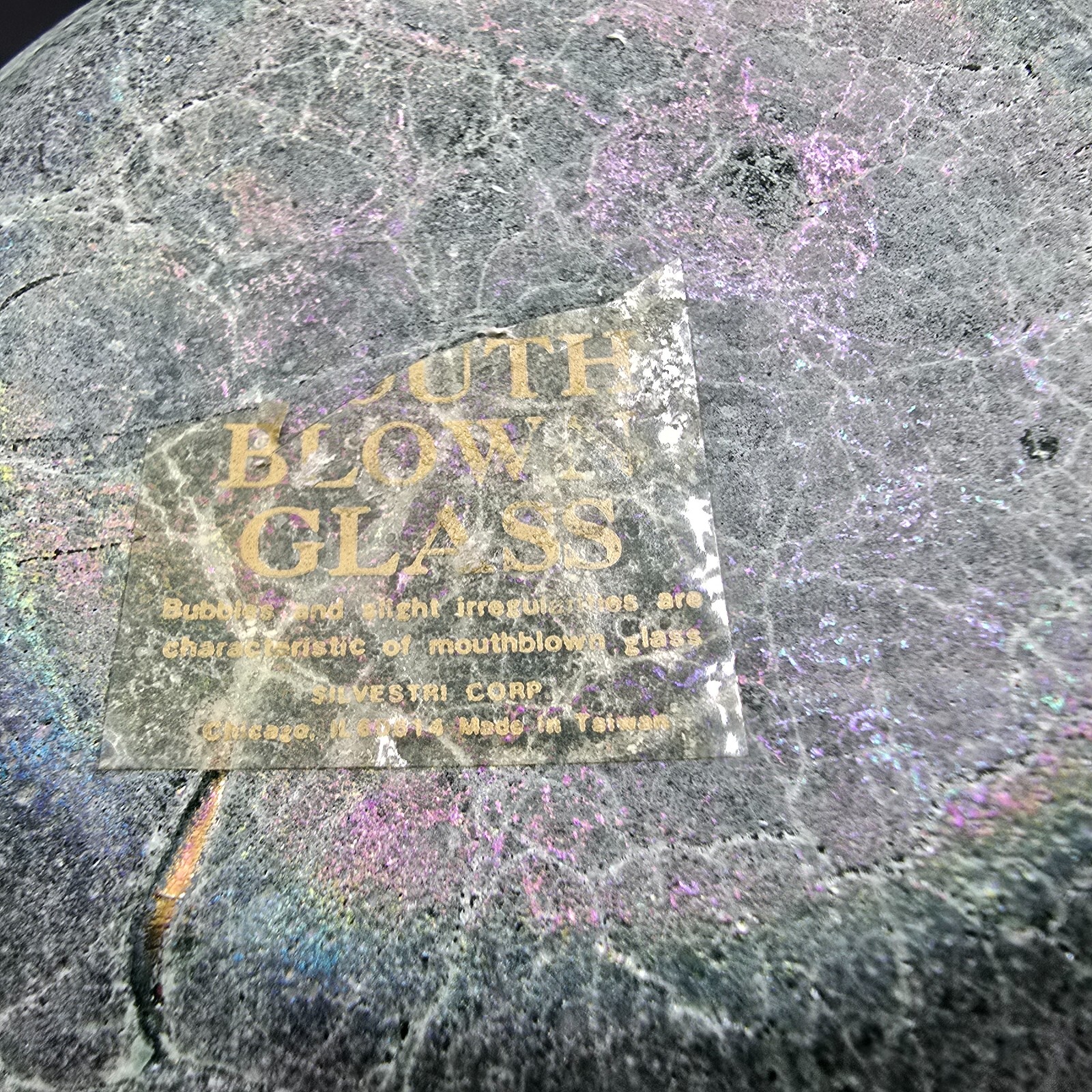 Silvestri Mouth Blown Green Orb Iridescent Crackled Art Glass Vase 6 inch Ball