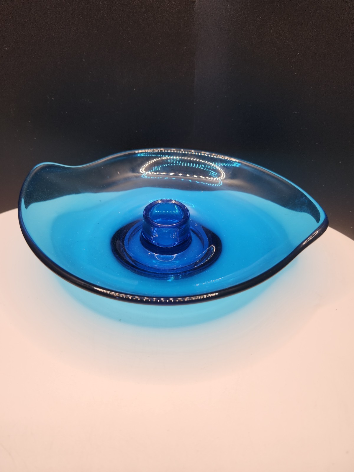 Vintage Viking Mid Century Blue Glass Modern Candle Stick Holder Bowl Epic MCM