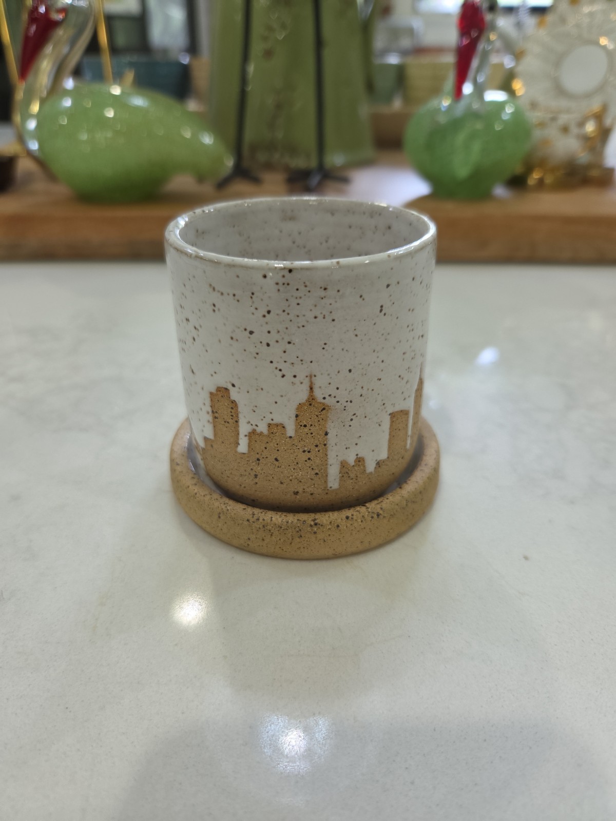 Vintage Ceramic Planter New York City Skyline Silhouette Speckled White Glazing