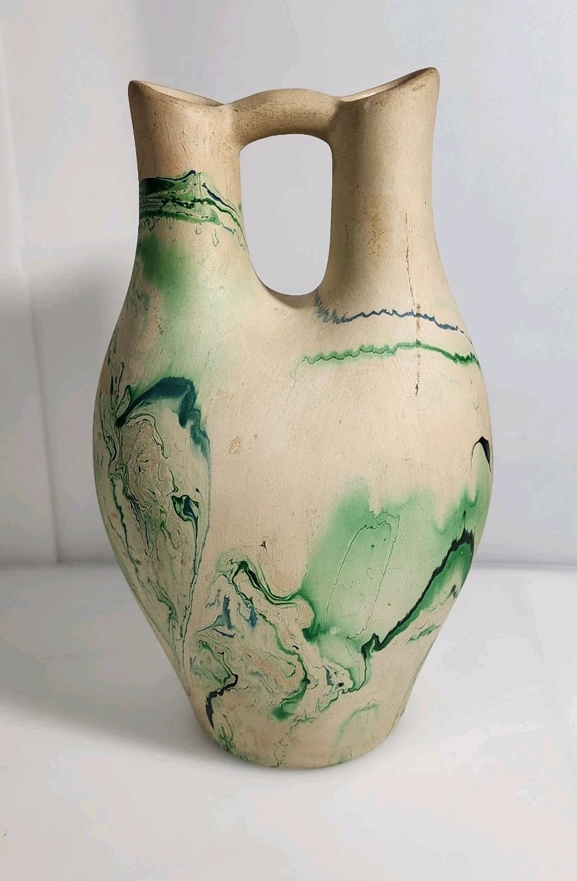 9.75″ Nemadji Pottery Double Spout Wedding Vase -Blue, Green, Gray
