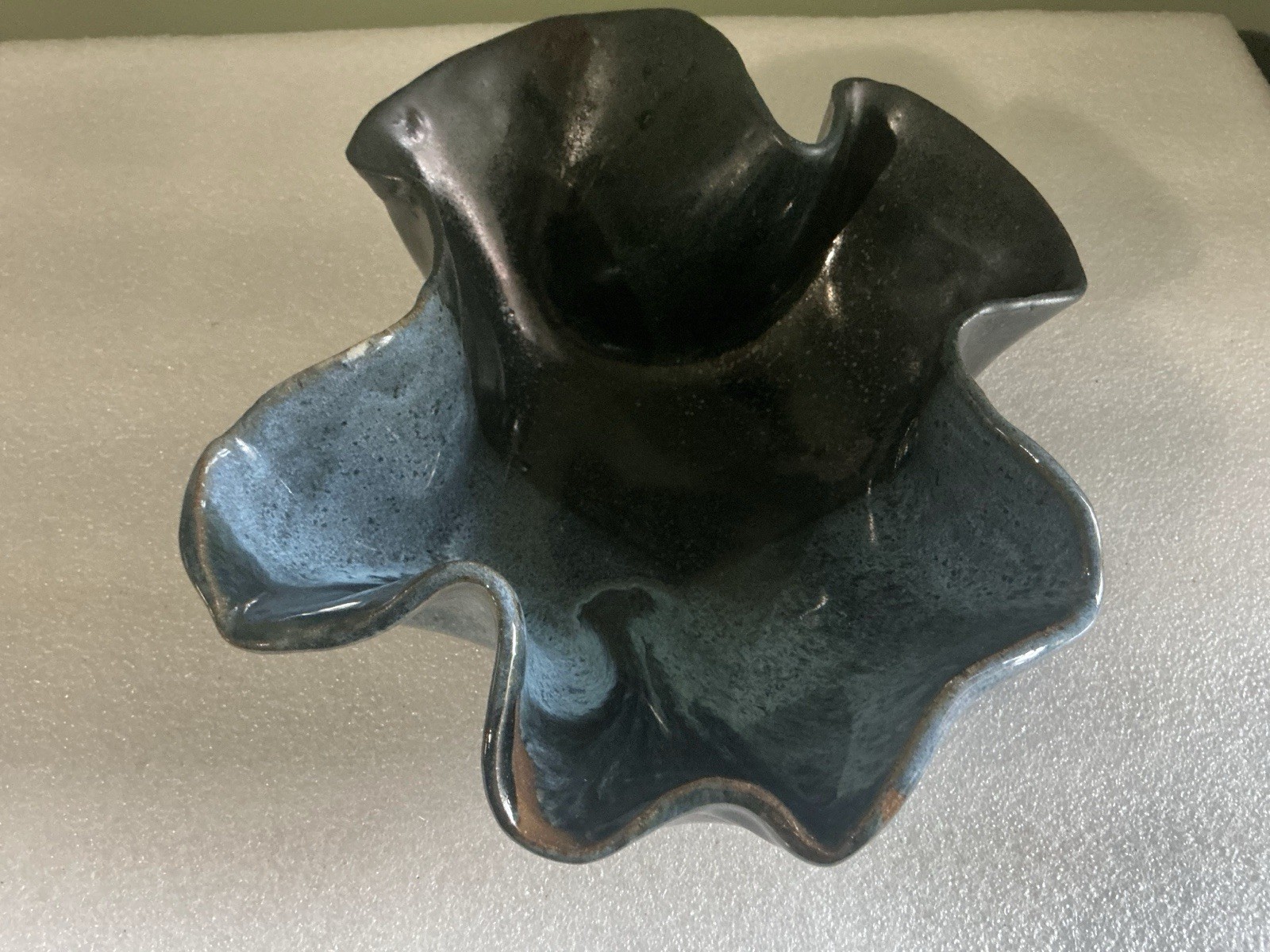 Art Pottery 8” Wave Shape Dark Green Blue Vase/ Bowl Signed By Artist Marie #19