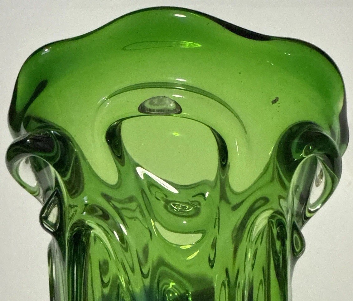 Vintage Mid-Century Modern Blue Green Art Glass Vase Pulled Glass Decor