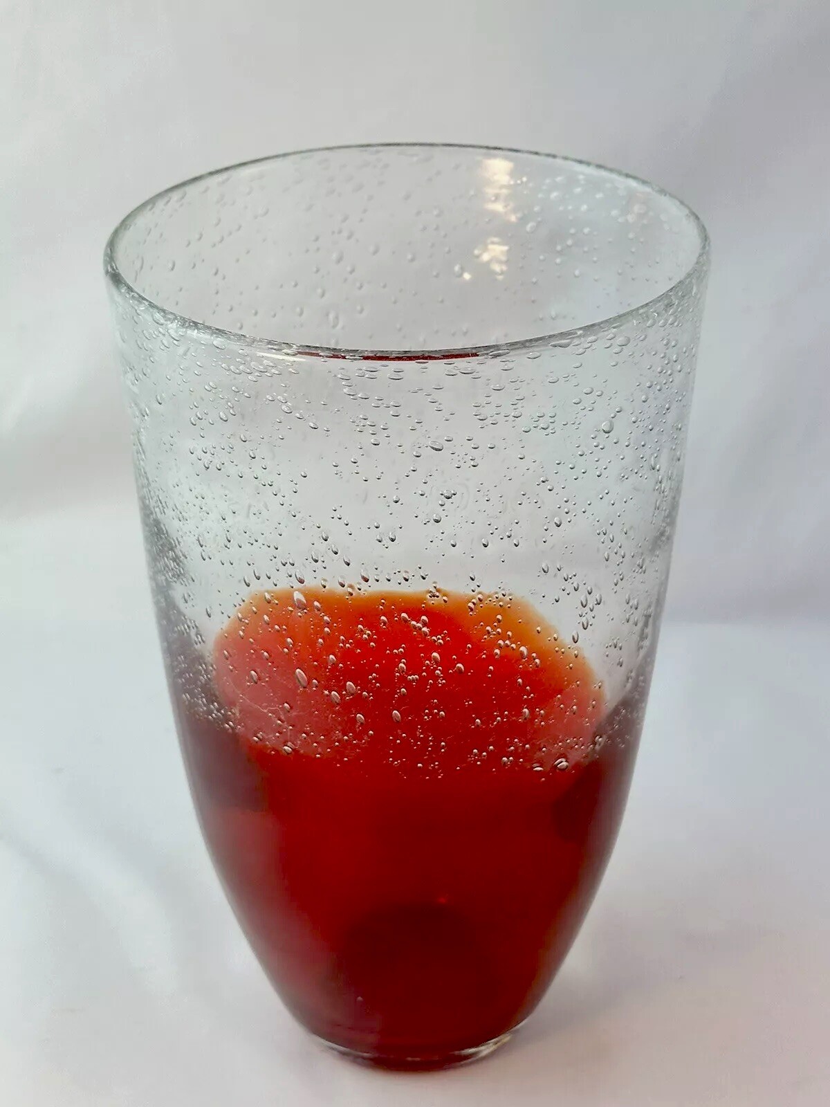 Hand Blown Art Glass Vase Red/Orange Clear Tons Of Bubbles 8.5” Heavy EUC