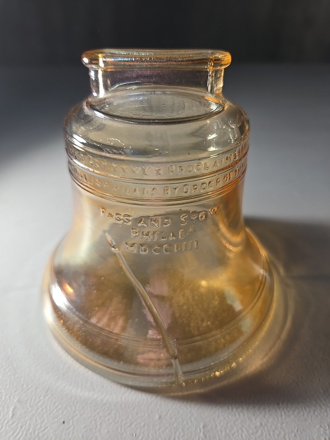 Vintage Pass And Stow Liberty Bell Bank Light Amber Glass Ligh Amber Rainbow