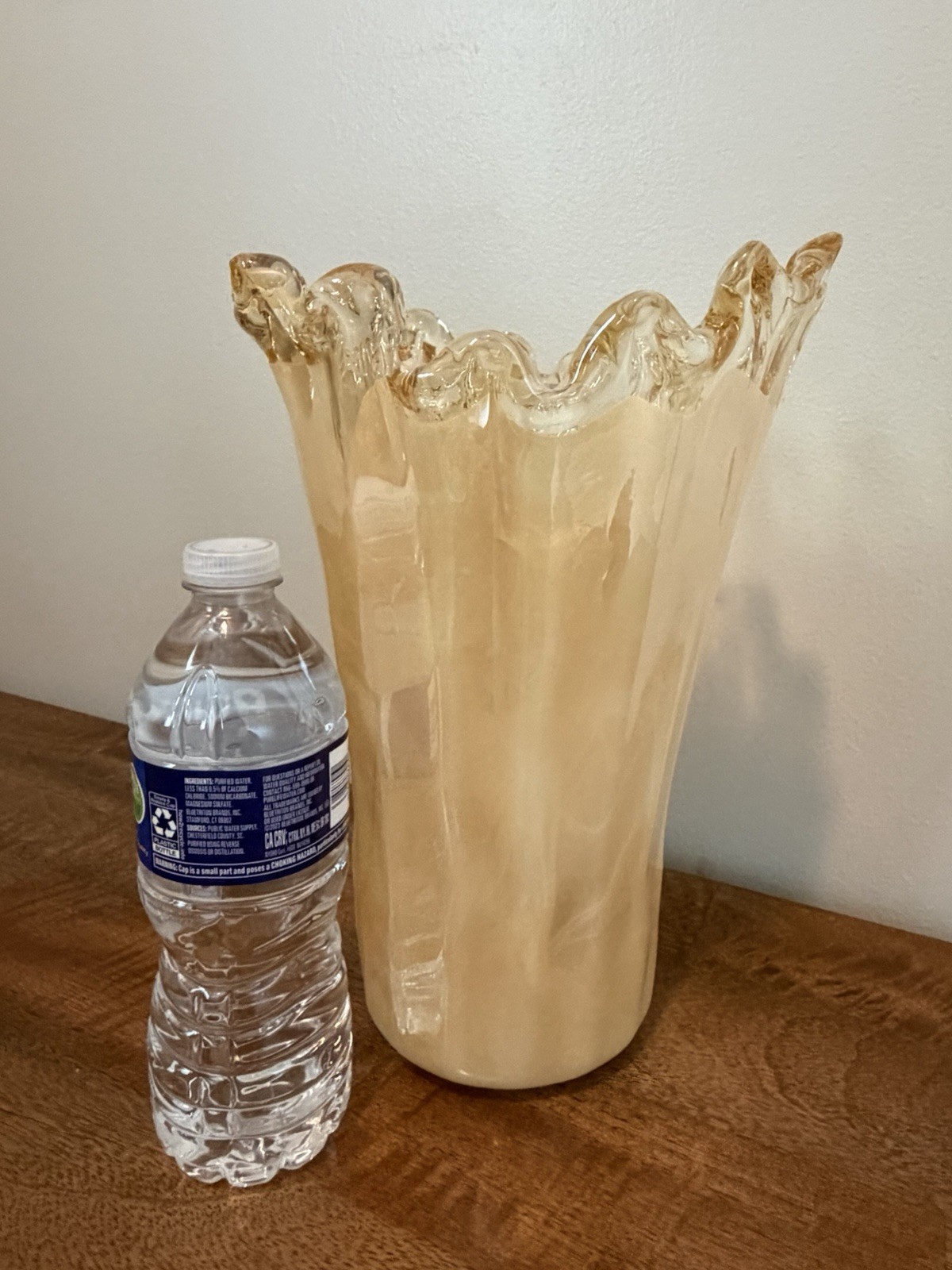 Unique Art Glass Vase Cream/White & Clear Swirl Ruffled Rim No Tag Murano?