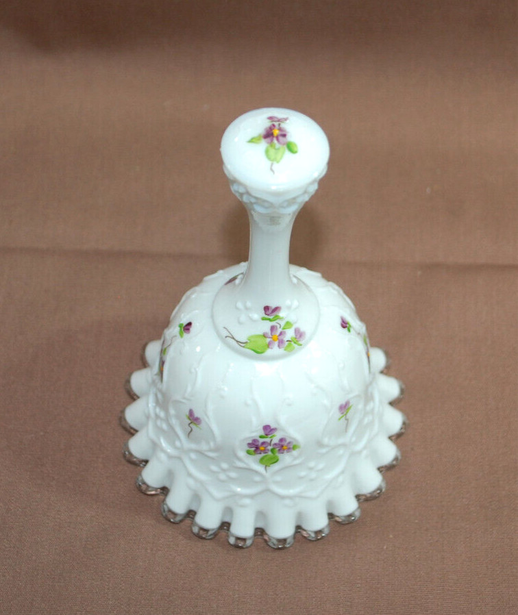 Fenton Silver Crest Bell Violets In The Snow Hand-Painted, Signed Vintage T1677