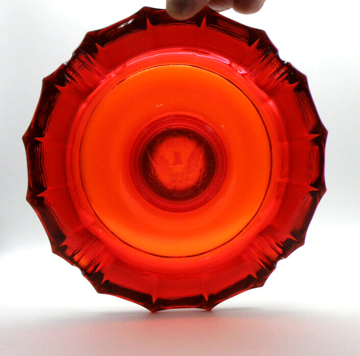 Vtg Ruby Red FOSTORIA American Eagle Coin 1887 Glass Cigar Cigarett Ashtray 7.5″