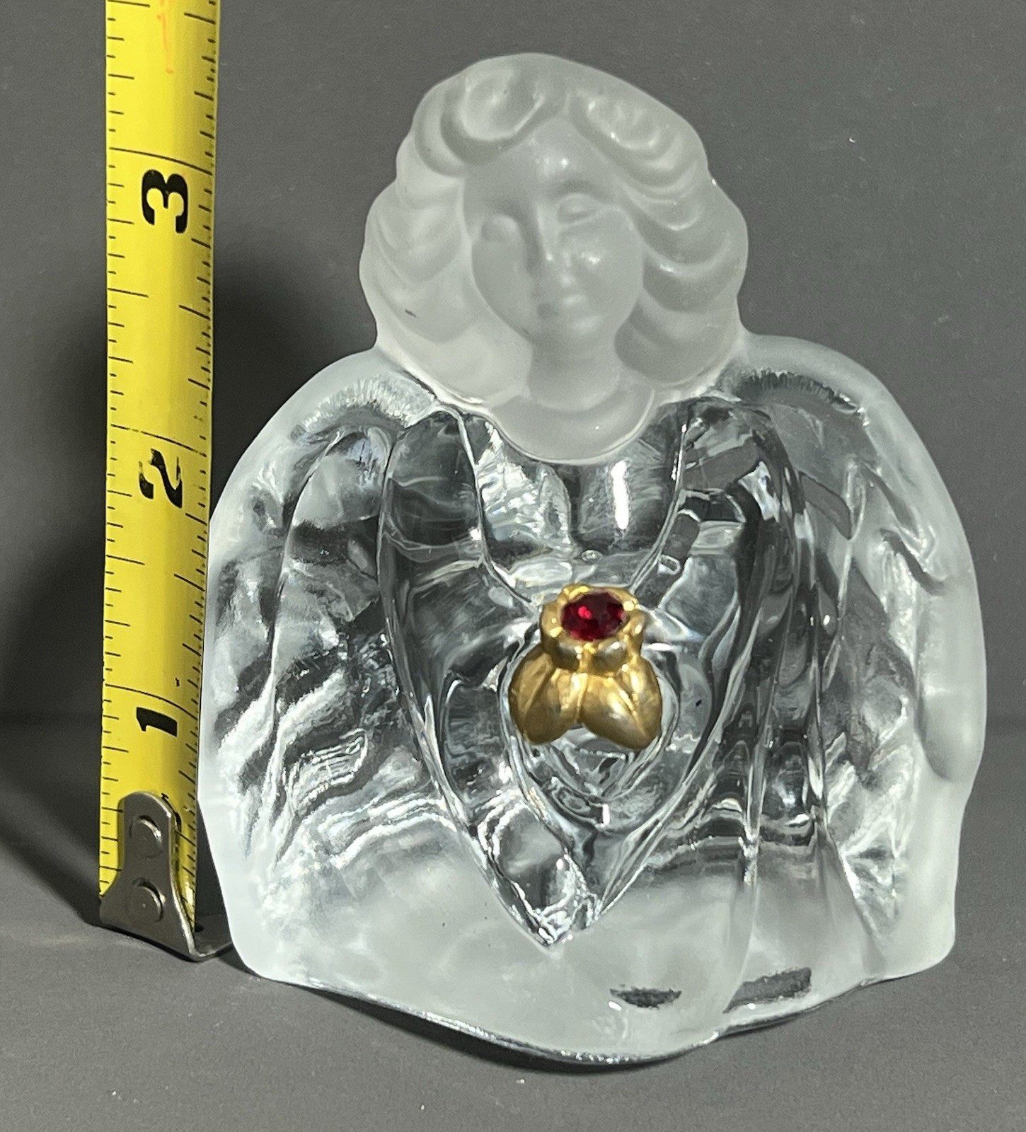 Fenton Clear Glass Guardian Angel Figurine with Red Rhinestone 3.25 in Tall 90s